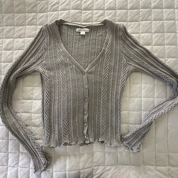 AEROPOSTALE Sweater Womens Medium Gray Cardigan Plunging V-Neck Fitted Retro Y2K - Picture 2 of 12